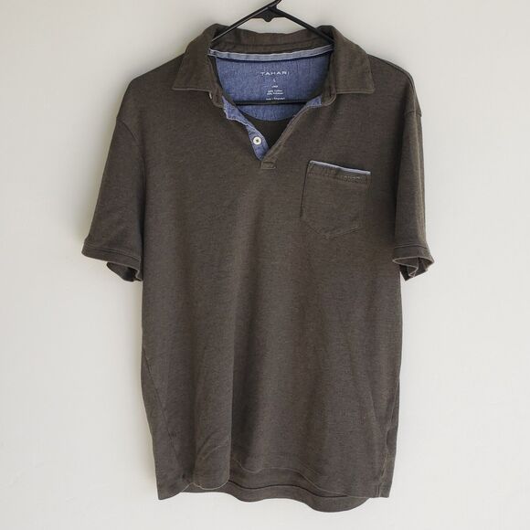 Tahari Short Sleeve Pocket Polo Shirt Mens Large Green 0372 - Picture 2 of 8